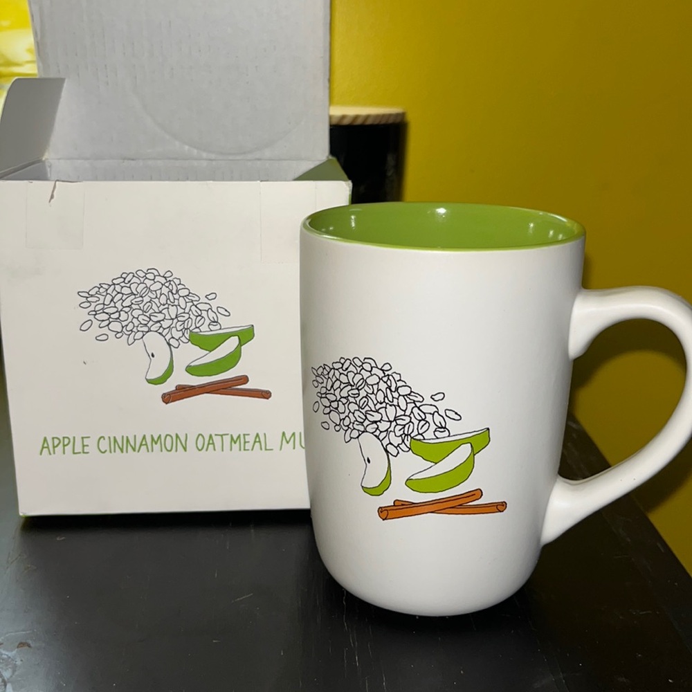 Apple Cinnamon Oatmeal mug recipe on the mug. About Face designs 14 oz.